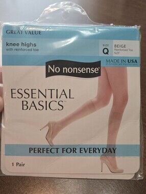 *SALE* New Vintage No Nonsense Knee Highs Beige Size Q Reinforced Toe Nylon USA